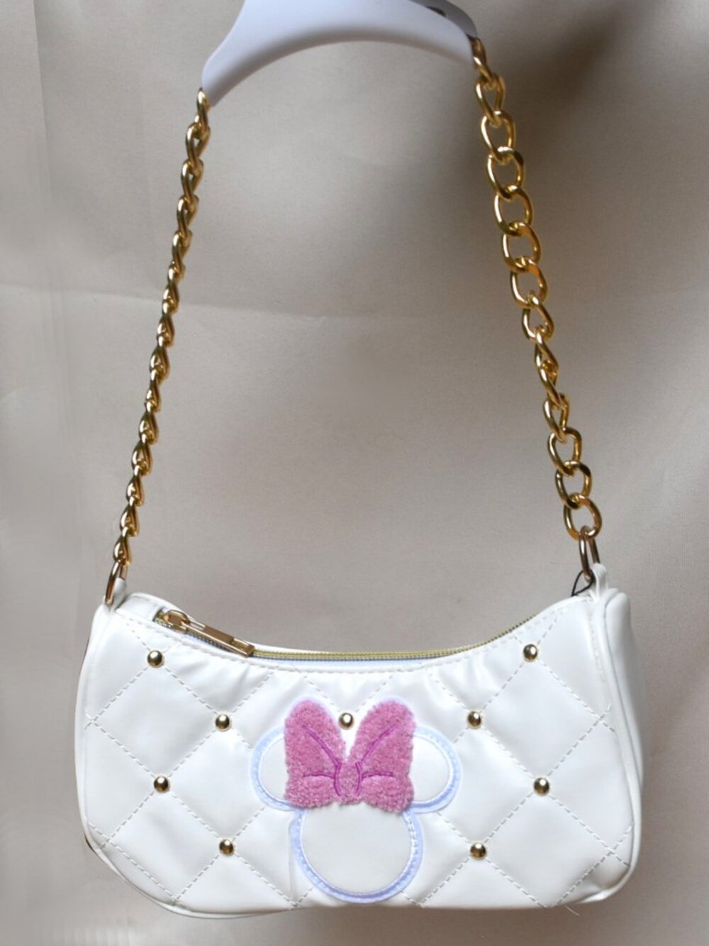 Disney Minnie Mouse Quilted Ivory Shoulder Bag Pink Bow Gold Chain NWT